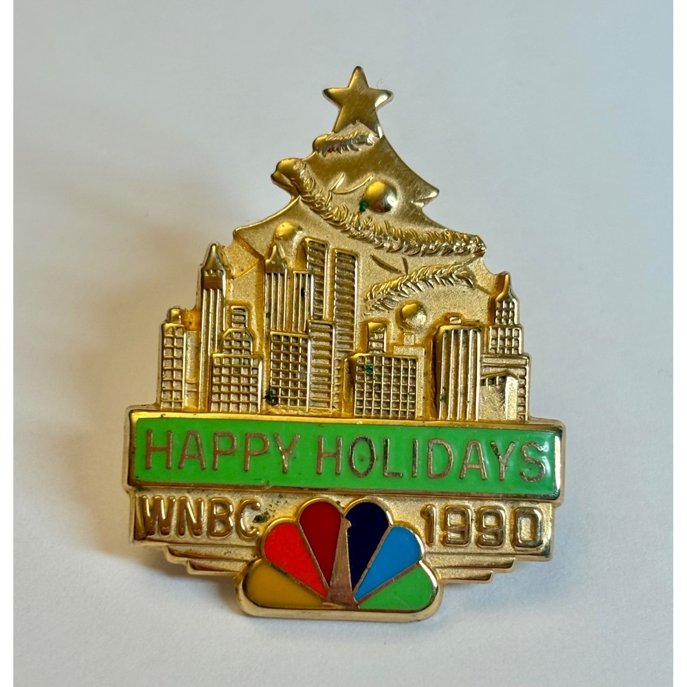 Vintage WNBC 1990 Happy Holidays NBC Peacock Logo NYC Skyline Gold Lapel Pin